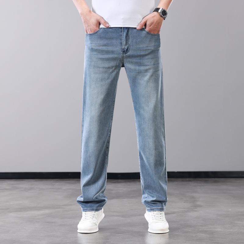 Letní tenké pánské džíny Lyocellová tkanina Měkké prodyšné rovné džínové kalhoty Značka Muž Elastické Ledové hedvábí Ležérní kalhoty Šedá Modrá
