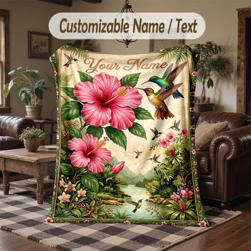 Hummingbirds Flowers Theme Throw Blanket Custom Name Text Personalized Blanket Soft Cozy Blanket for Home Sofa Bed