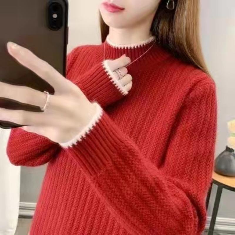 

Autumn and winter new semi-turtleneck sweater women s pullover loose outer wear thickened fashion knitted sweater base sweater women One size красный