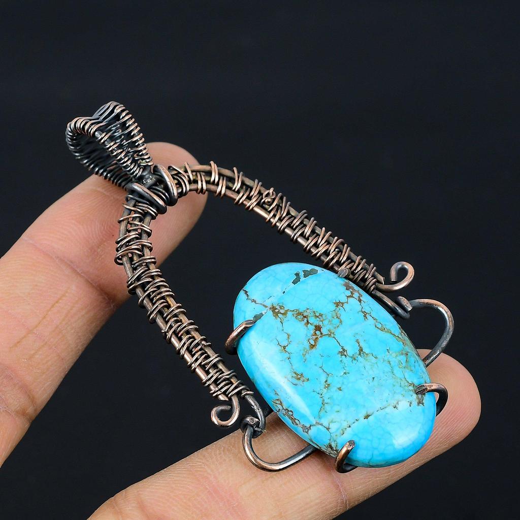 Tibetan Turquoise Pendant, 999 Copper Wire Wrapped Gemstone Jewelry, Handmade Pendant, For Thanksgiving