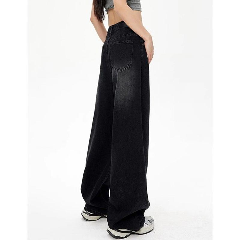 Lady Retro Black Gray High Waist Jeans Pant Women Fashion Straight Leg Denim Trousers Girls Loose Fit Thin Casual Pants