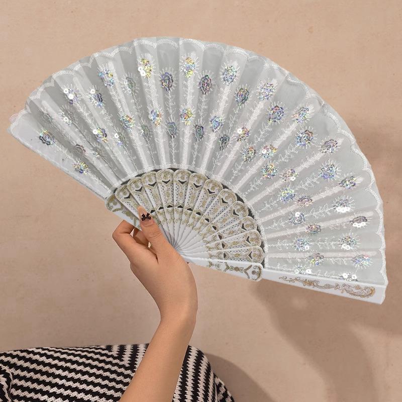 Folding Hand Fan Chinese Style Peacock Fans Sequin Decorative Dancing Fan Hand Fans for Women Home Wedding Fans Decoration
