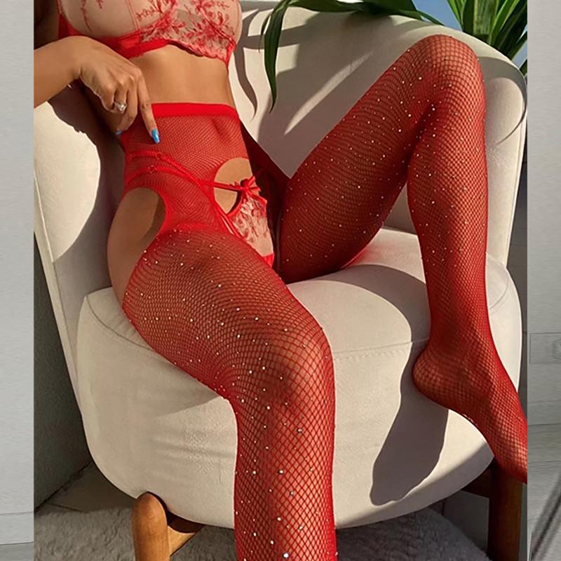 Adult BodyStockings Crotchless Sex Tights Teddy Lingerie Fishnet Stockings Women's Underwear Expose Buttocks Rhinestone Bodysuit