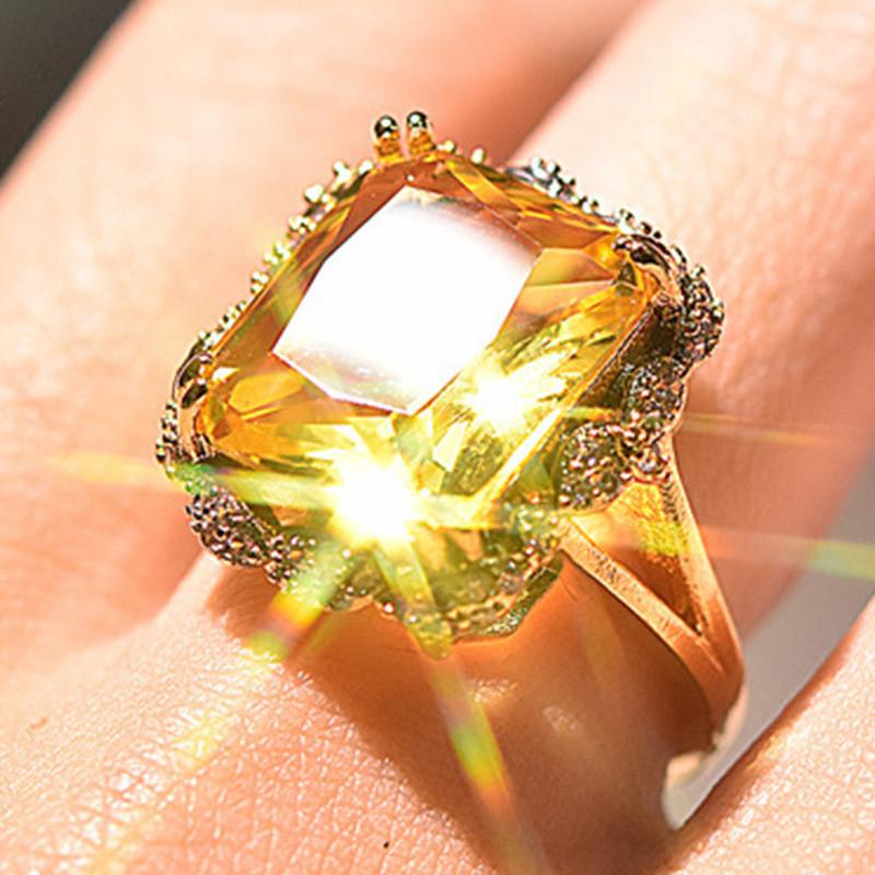 Milangirl  Square Cyrstal Engagement Ring Women Champagne Big Zircon Rings For Women Vintage Zircon Yellow Rings  Gifts