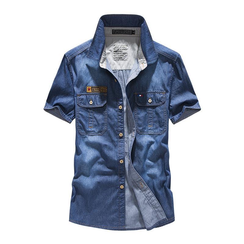 

Новые джинсовые хлопковые мужские рубашки с коротким рукавом темно-синие джинсовые рубашки высокого качества мужские джинсовые рубашки с карманами на пуговицах ковбойские свободные повседневные рабочие джинсовые рубашки S темно-синий