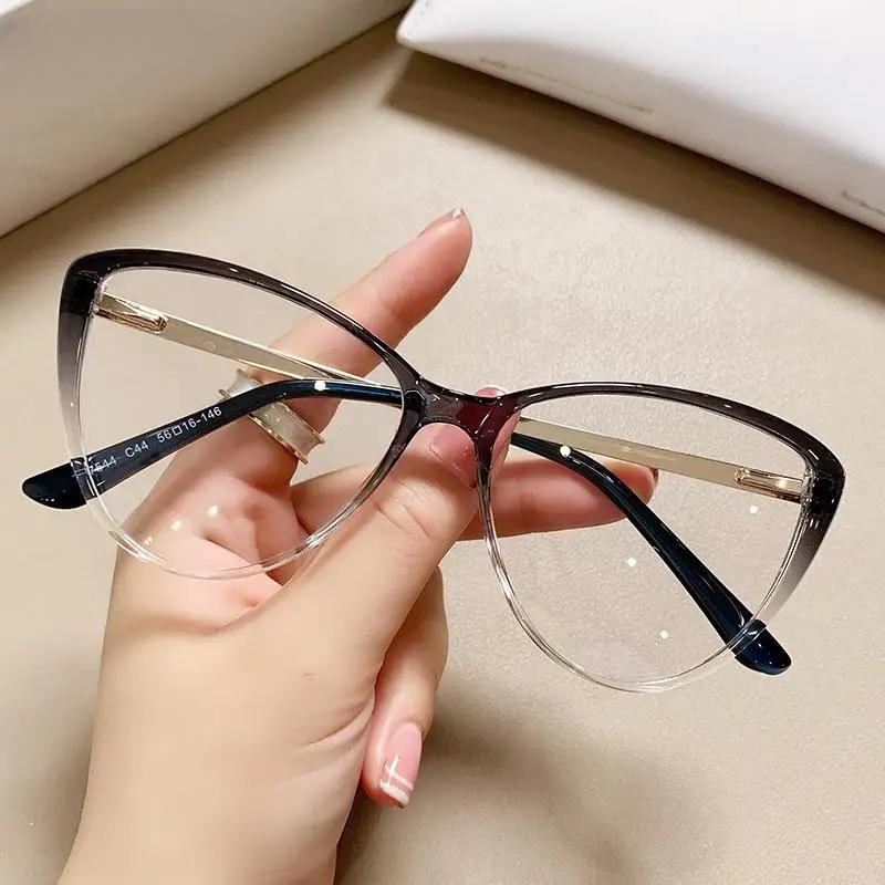 Women High Quality Glasses Frame Fashion Gradient Color Metal Legs Flat Mirror Spring Hinge Prescription Glasses