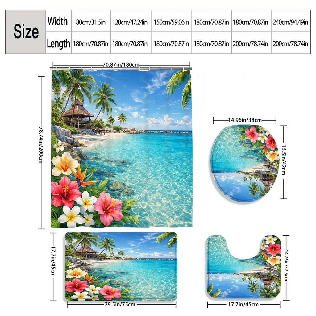 4Pcs 2D Flat Tropical Beach Shower Curtain Set with Non-Slip Bath Mat, Toilet Lid Cover, Contour Rug & 12 Hooks, Bathroom Decor