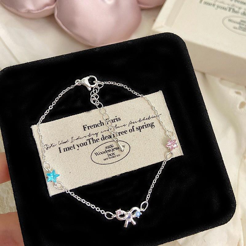 Pink Zircon Star Butterfly Knot Bracelet Women Delicate Sweet Style Copper Alloy Adjustable Stackable Wrist Jewelry