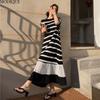 MODIQUE Sommer Plus Size Neue Damen Lose Minimalistische Streifen Plissee Patchwork Lange Kleider Weibliche Casual Kurzarm O-Ausschnitt Kleider