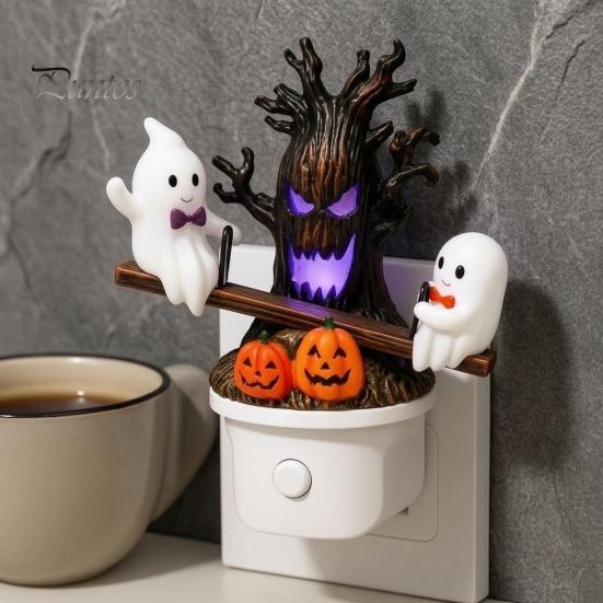 Soft Glow Night Light Halloween Light, Plug-in Resin Seesaw Ghost And Dead Tree Indoor Lighting Lamp, Waterproof Spooky Decor for Bedroom, Party