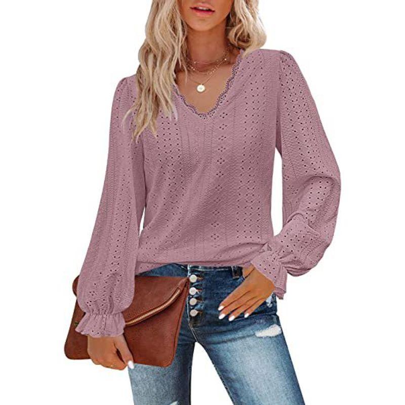 Loose Long-Sleeve Lace-Sleeve Top Solid Temperament Loose V-neck Long sleeve Top