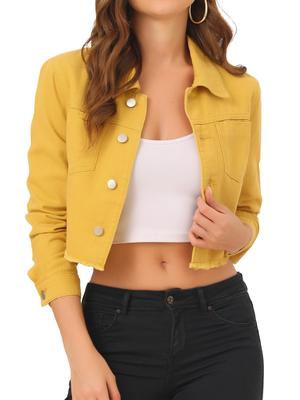 Allegra K Cropped Denim Jacket with Distressed Long Size XL Women's Detail, Sleeves, Mustard,