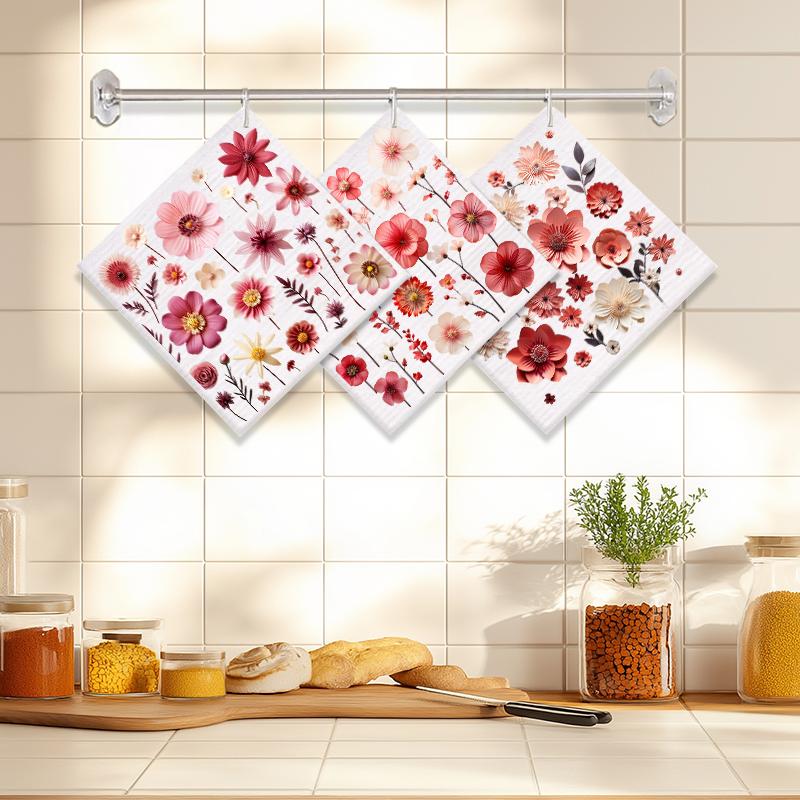 6PCS Red Flowers Print Swedish Dishcloths Eco-Friendly Kitchen Dish Rags Absorbent Dish Towels Reusable Washable Cleaning Cloth