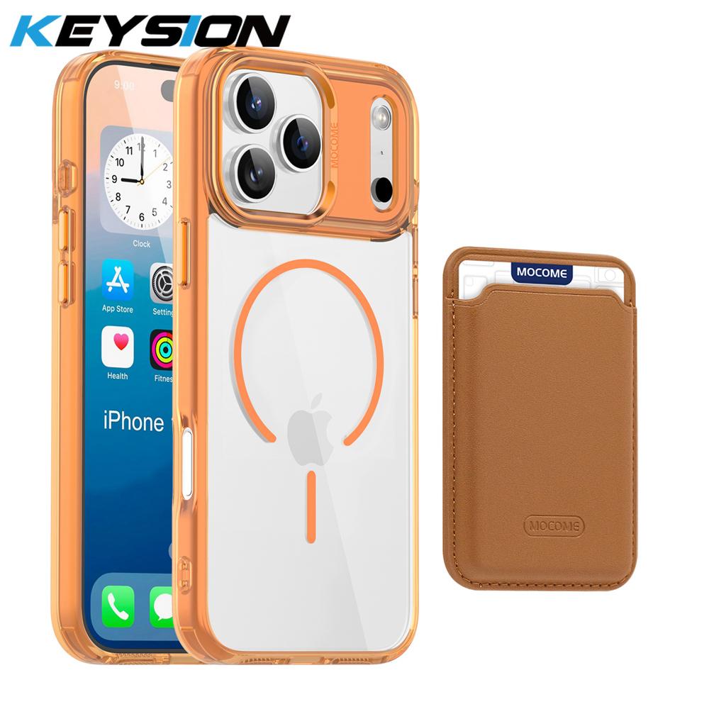 KEYSION Magnetic PU Card Holder Bag Phone Case for MagSafe for iPhone 17 Pro Max 17 Air Transparent TPU+PC Shockproof Back Cover