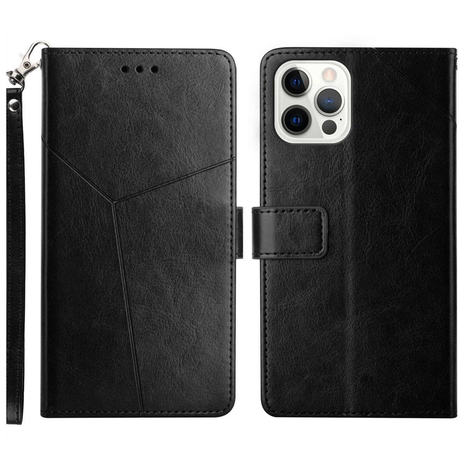 

For iPhone 16 Pro Max Case with Wrist Strap Y Shaped Lines Imprint Leather Phone Cover E