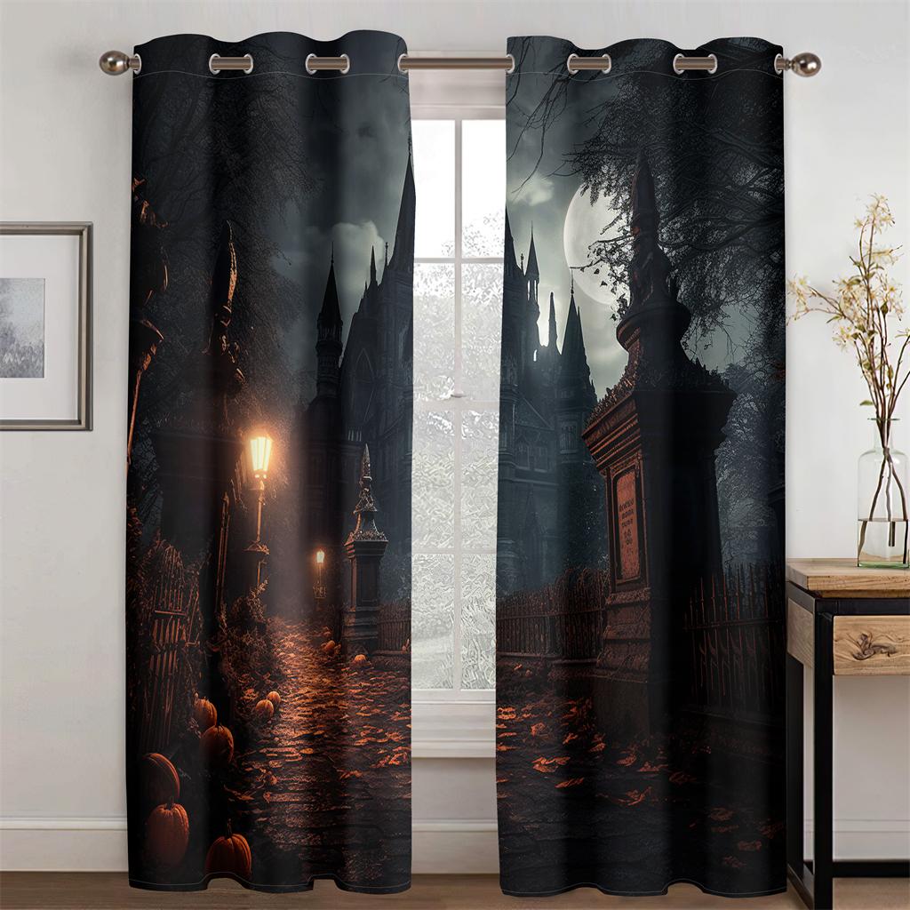 Halloween Horror Castle Curtains Gothic Architectural Style Curtains Ghost Pumpkin Living Room Bedroom Decor Curtains  2 Pcs