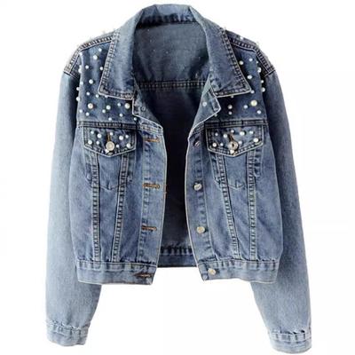 Frauen Frühling Herbst Denim Jacke Mantel Perle Perlen Jacke Lose