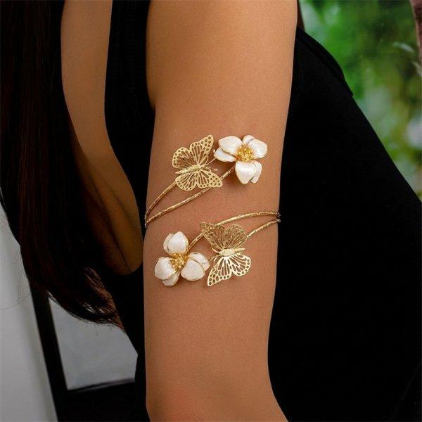 Boho Elegant Enamel Butterfly Flower Arm Cuff Bangle for Women Gold Color Adjustable Spiral Design Upper Arm Bracelet Jewelry