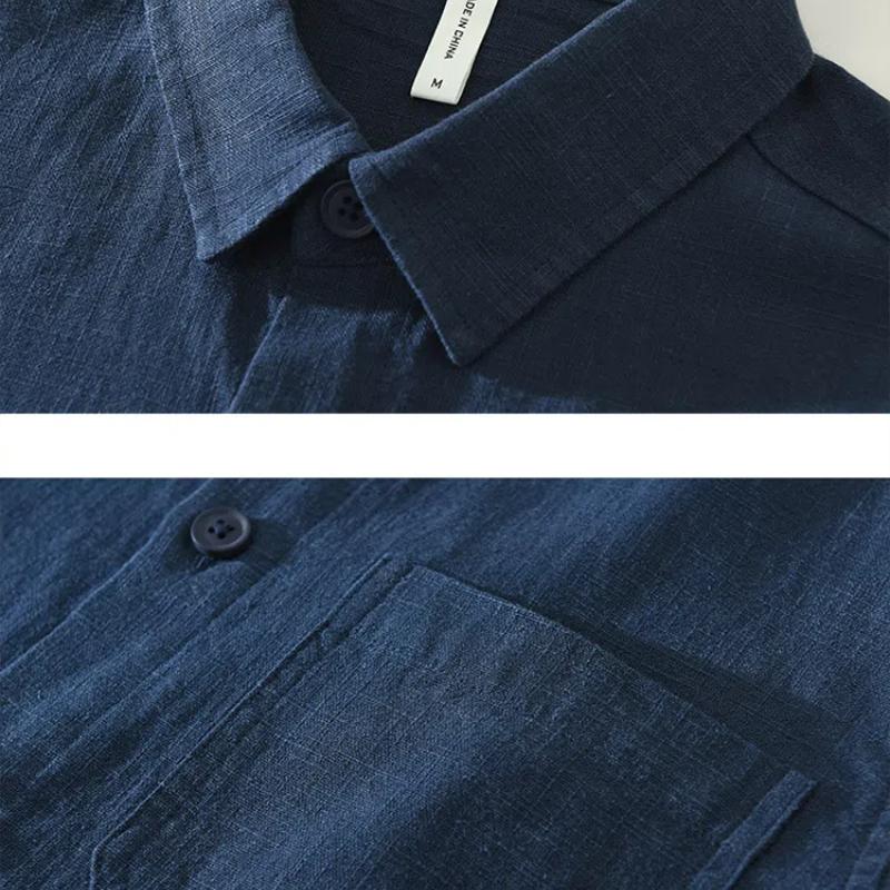 Spring and Summer Cotton Linen Long Sleeve Men Shirt Chinese Style Casual Shirts Lapel Collar Solid Color Button Up Shirt Multi Pocket Overshirt