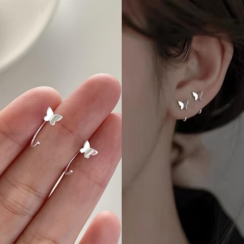 1 пара милых и элегантных сережек-гвоздиков в виде бабочек, материал сплав, блестящие мини-серьги-гвоздики бабочки серебряный