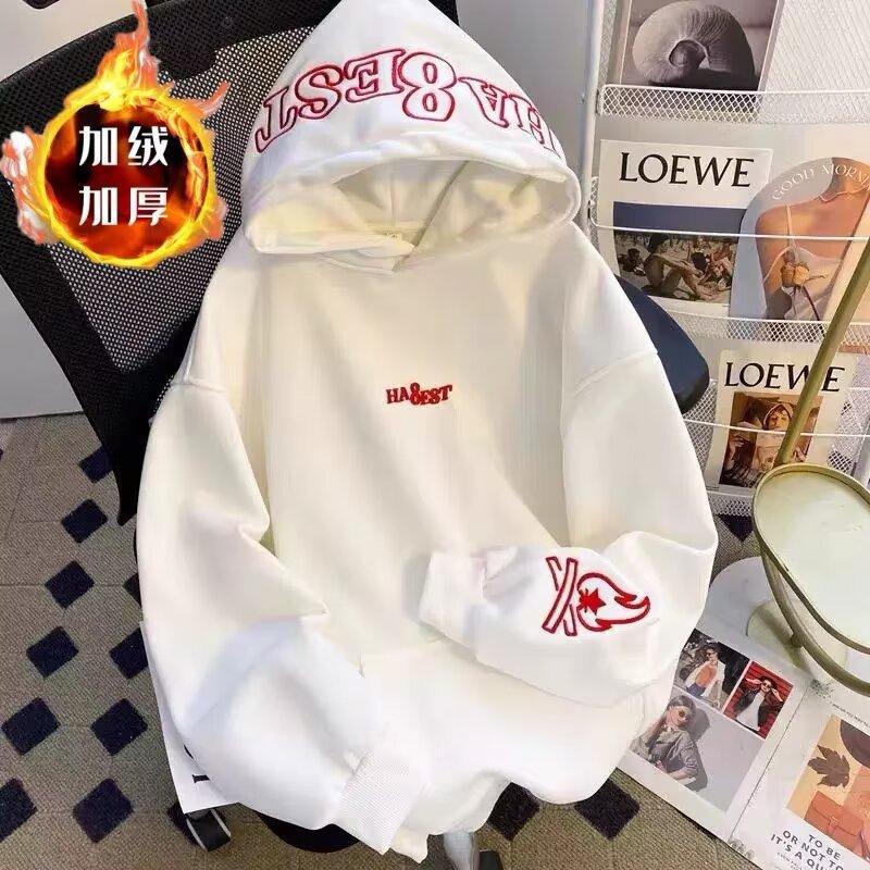 American High Street Flame Letter Embroidered Hooded Sweater Men's and Women's Autumn and Winter Tide Brand Loose Couple Pullover Jacket Top