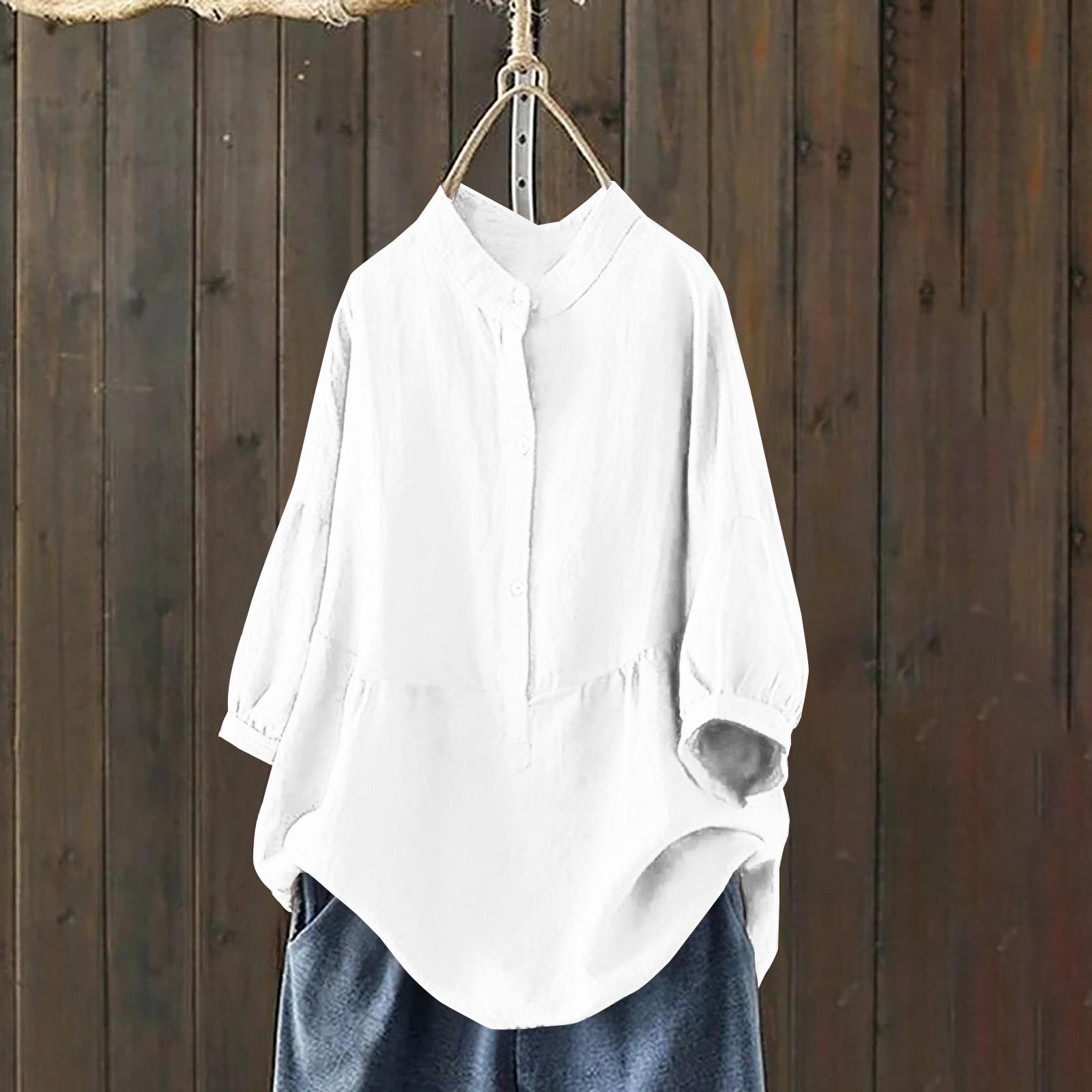 

Women s Solid-color Button-down Cotton And Linen Long-sleeved Shirt Top XL білий