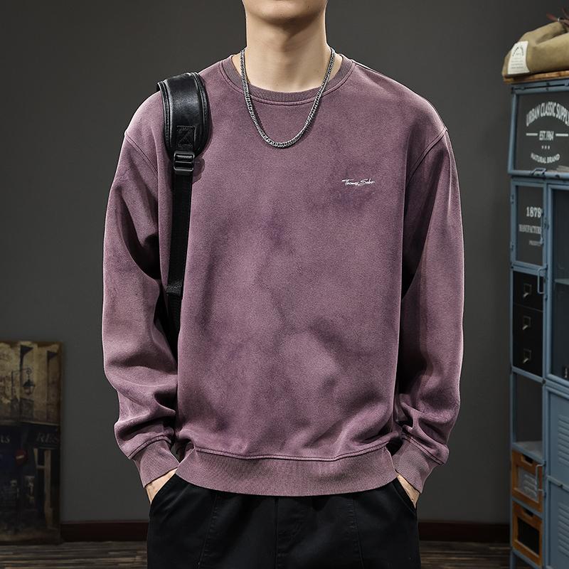 Autumn American Retro Heavy Washed Sweater Men'S Loose Trend Round Neck Long Sleeves On Clothes