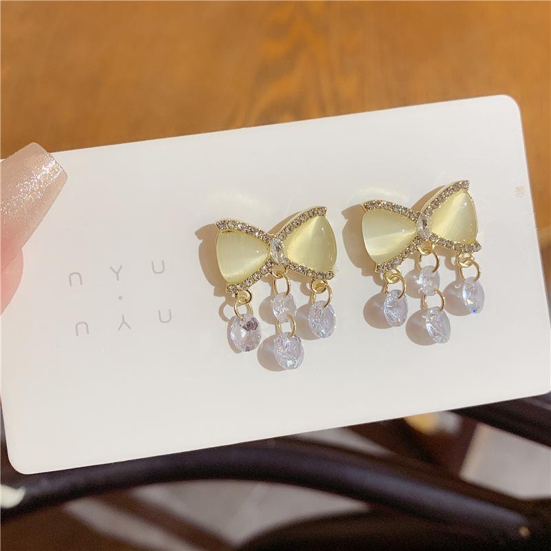 

Silver needle versatile bow opal stud earrings women, new trendy temperament fringed zircon earrings earrings 925 silver needle