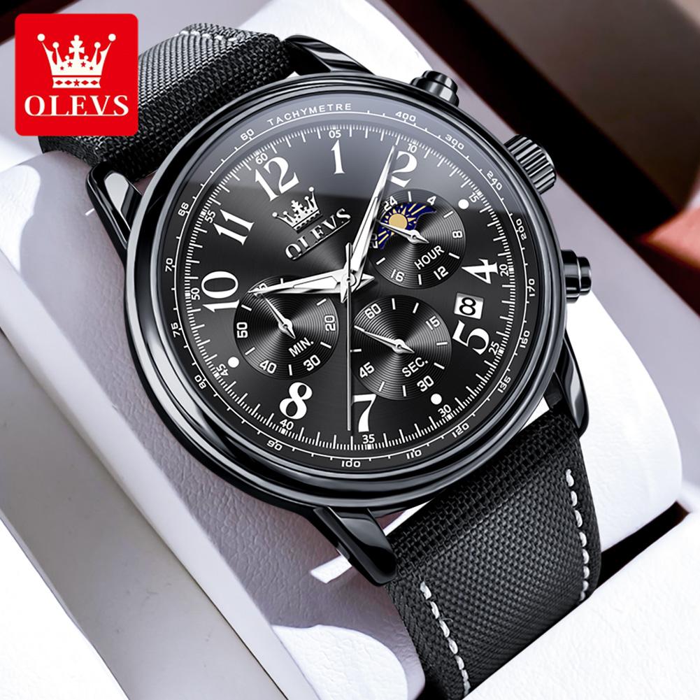OLEVS Men's Watches Casual Fashion Leather Strap Waterproof Original Quartz Wristwatch for Man Moon Phase Date Chronograph 2912
