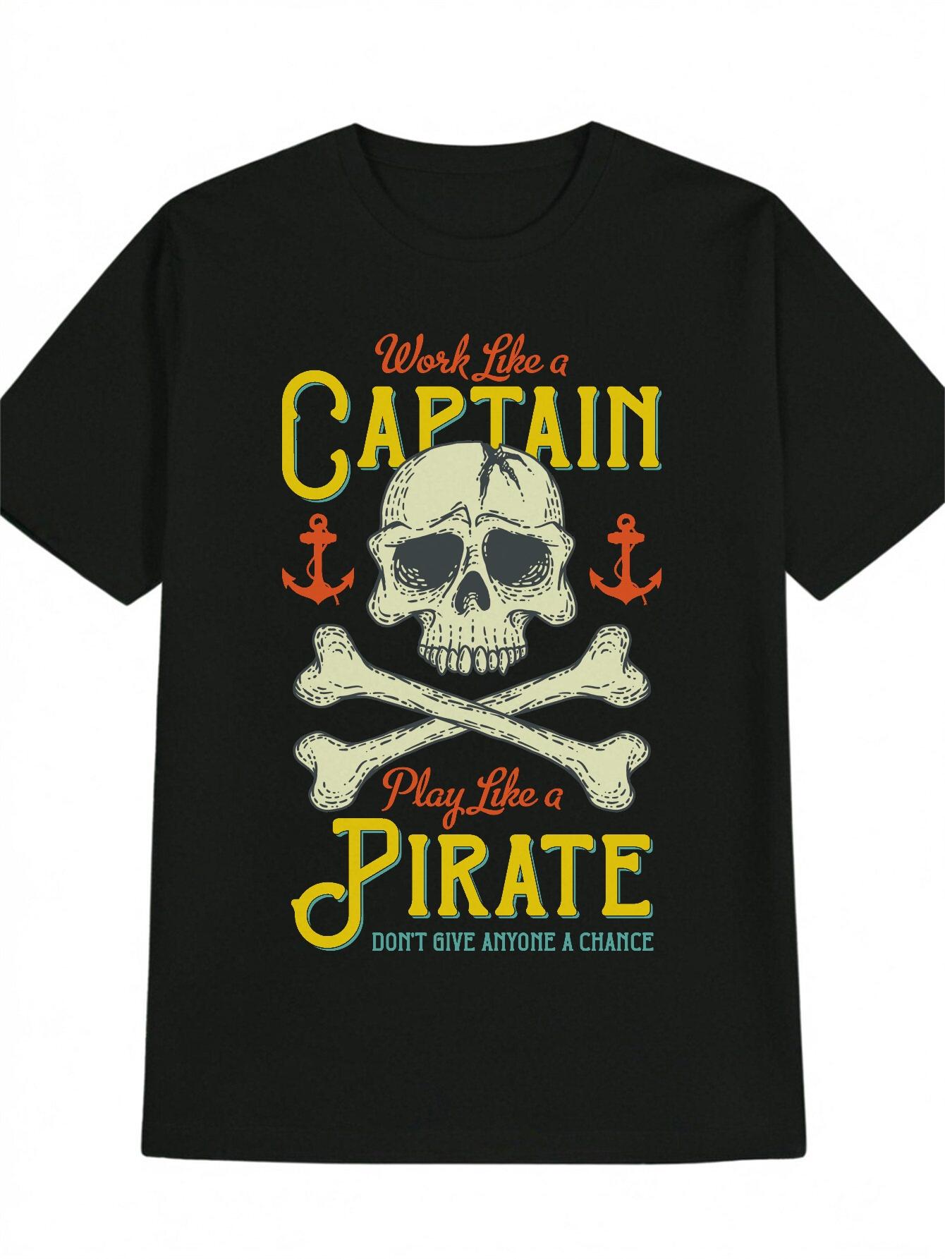 Casual Versatile Round Neck T-shirt with Skull and Crossbones Print L