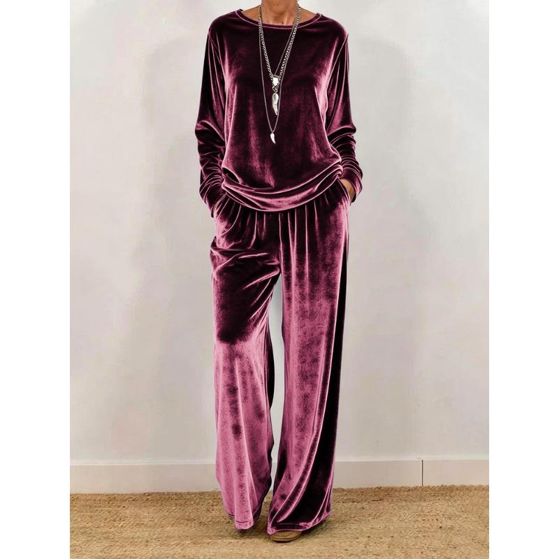 New Women's Casual Round Neck Pullover Long Sleeves and Trousers Velvet Multi-color Women's Suit
