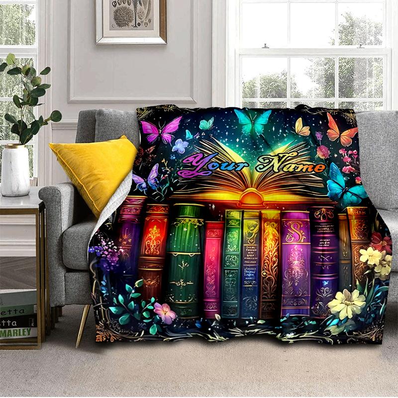 1PC Custom Name "Magical Library Dreams" Flannel Blanket Versatile, All-season Throw Suitable for the Living Room, Bedroom, Camping, Travel, and Gift