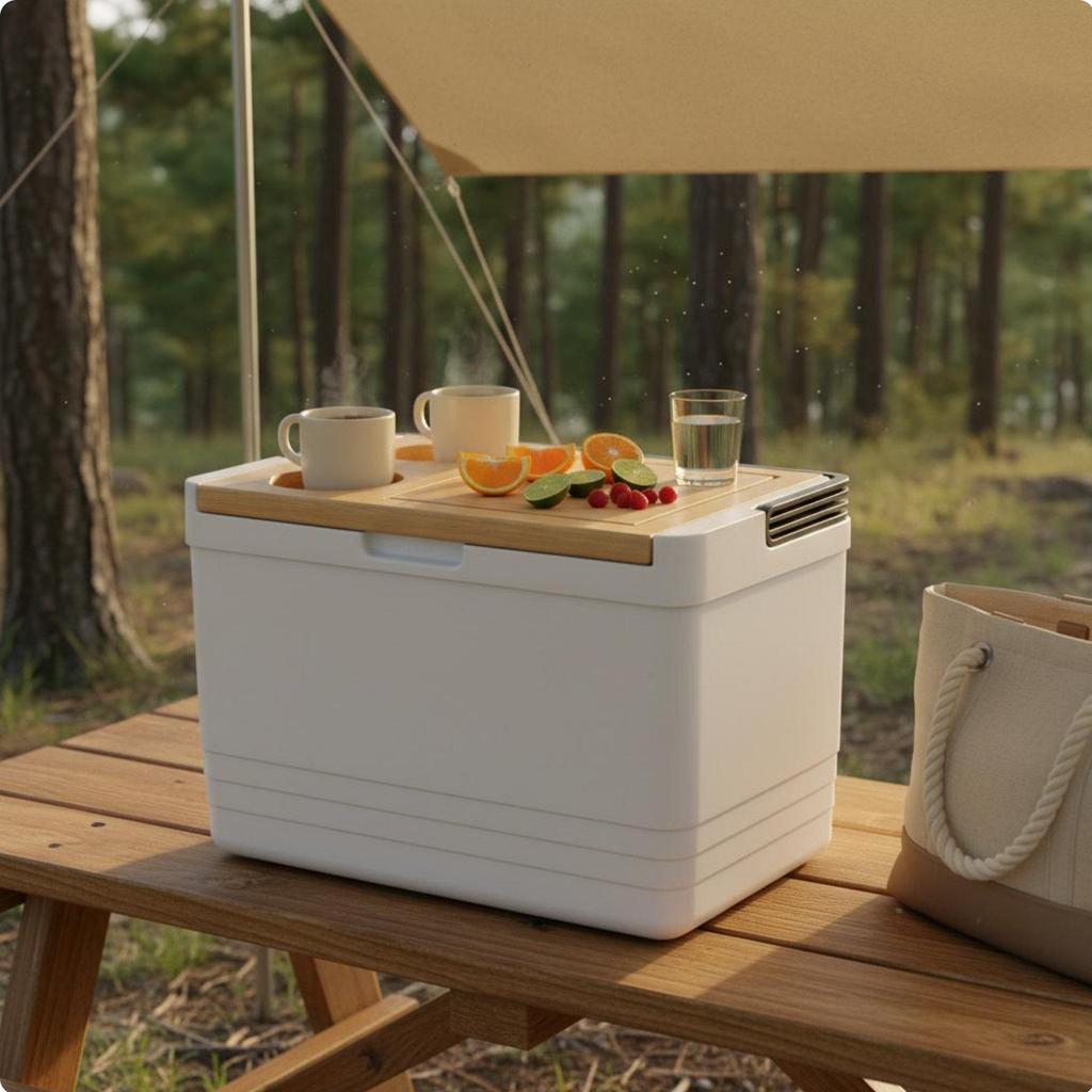 Insulated Container with Cut Board Lid Large Capacity Camping Chiller, Table, Builtin Cup Holders,