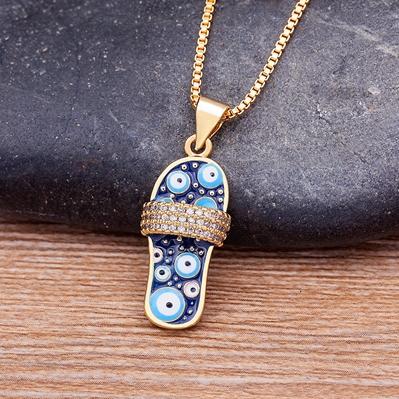 

Nidin Mirco Pave CZ Rhinestone Enamel Slipper Pendant For Women Blue Evil Eye Necklace Chain Gold Plated Party Summer Jewelry