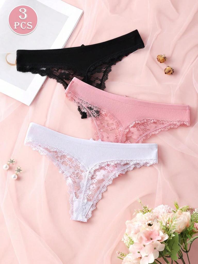 3Pcs Sexy Lace Women Thongs Transparent Women Panties Sexy Underwear Solid Floral G-String Size XS-XL Female Underpants Lingerie