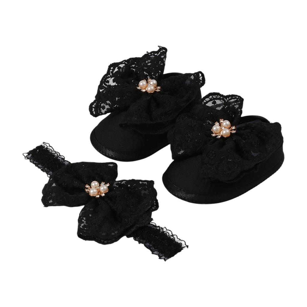 Baby Lace Pearl Shoes + Hairband Set Baby Toddler Shoes Soft Sole Big Bow Dot Rubber Shoes