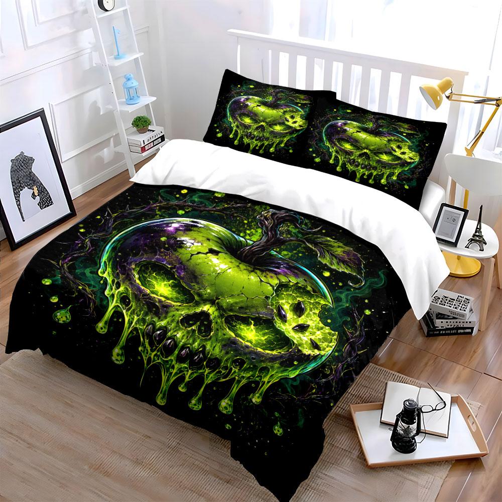 "Green Glowing Skull Apple Art" Bedding Duvet Cover Set  (1*Duvet Cover 2*Pillowcases, without duvet insert)
