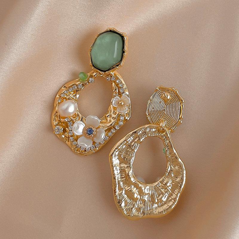 Silver Needle Retro Imitation Pearl Rhinestone Flower Geometric Stud Earrings French Elegant Earrings