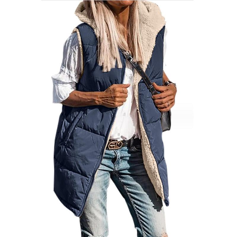 Gilet reversibile autunnale da donna, senza maniche, con cerniera, con cappuccio, tasche, lungo, caldo, invernale