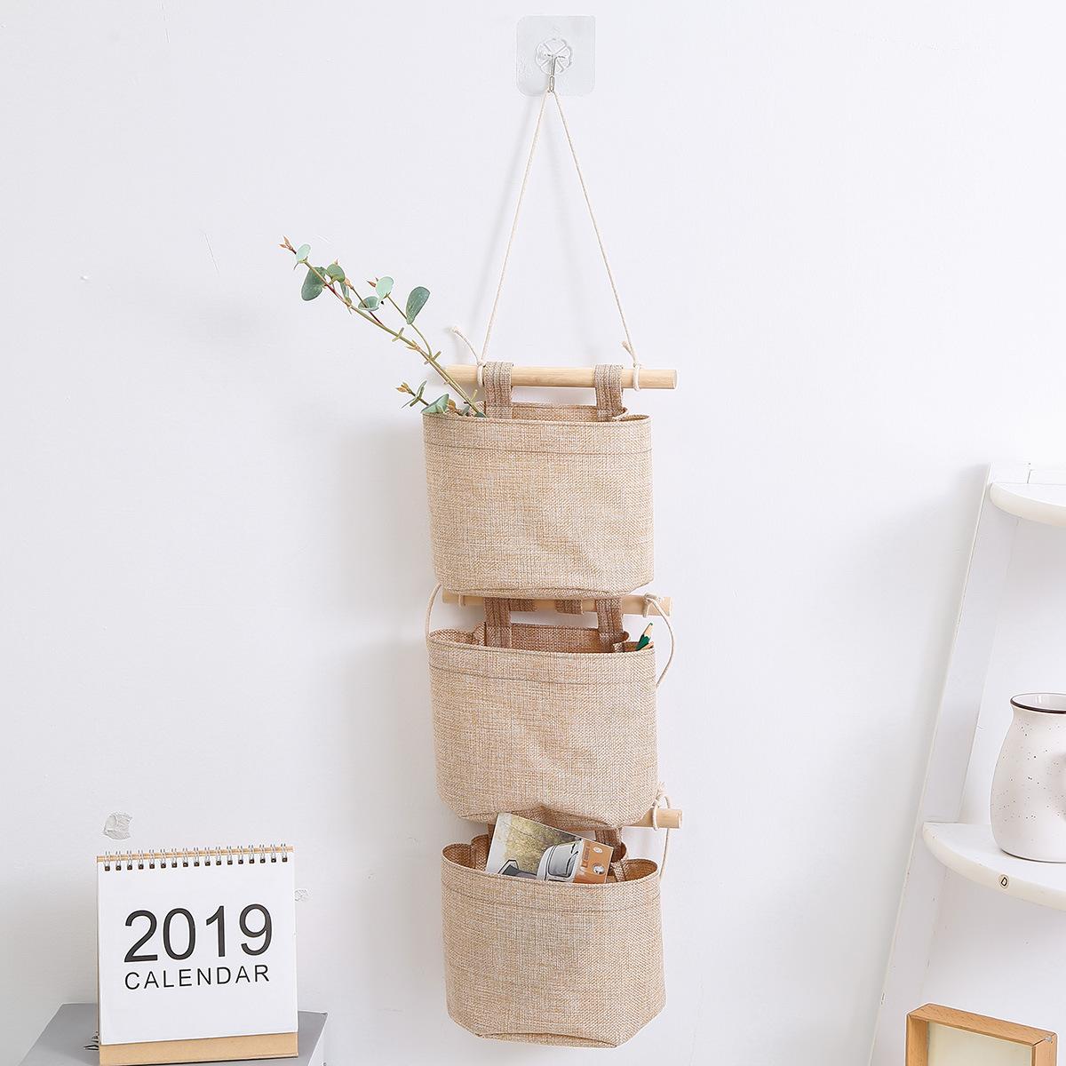 Solid Color Cotton Linen Storage Hanging Bag Detachable Freely Combined Door Wall Storage Hanging Bag Small Sundries Storage Bag