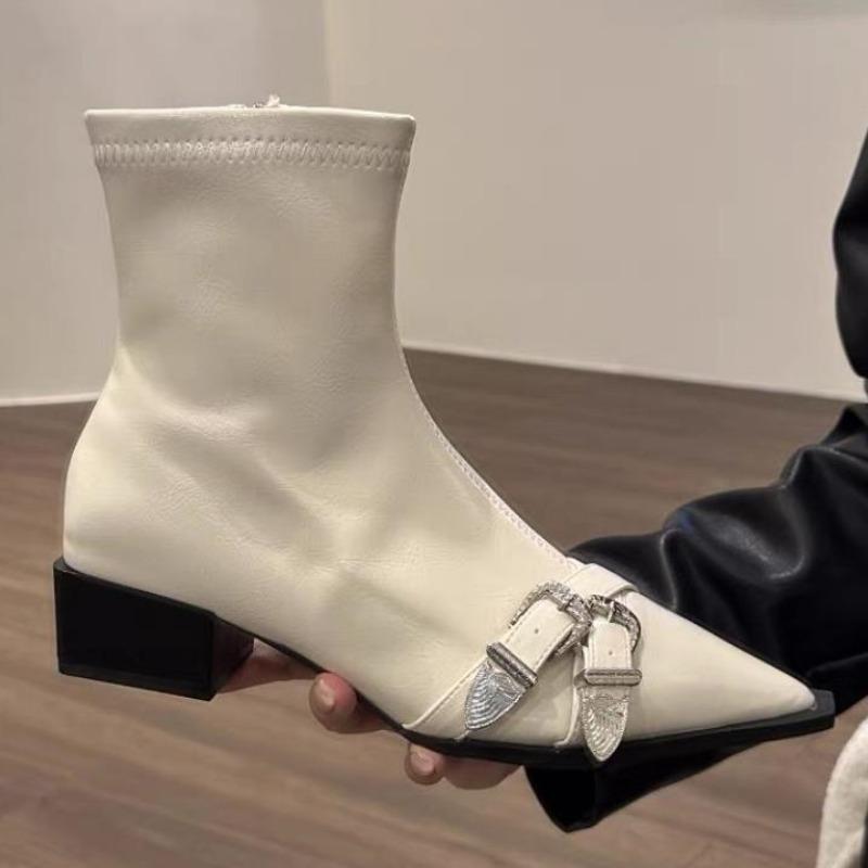 Women's Ankle Fashion Boots Pointed Toe Short Boots Ladies Elegant Low Heel Metal Decoration Womens Shoes   De Mujer