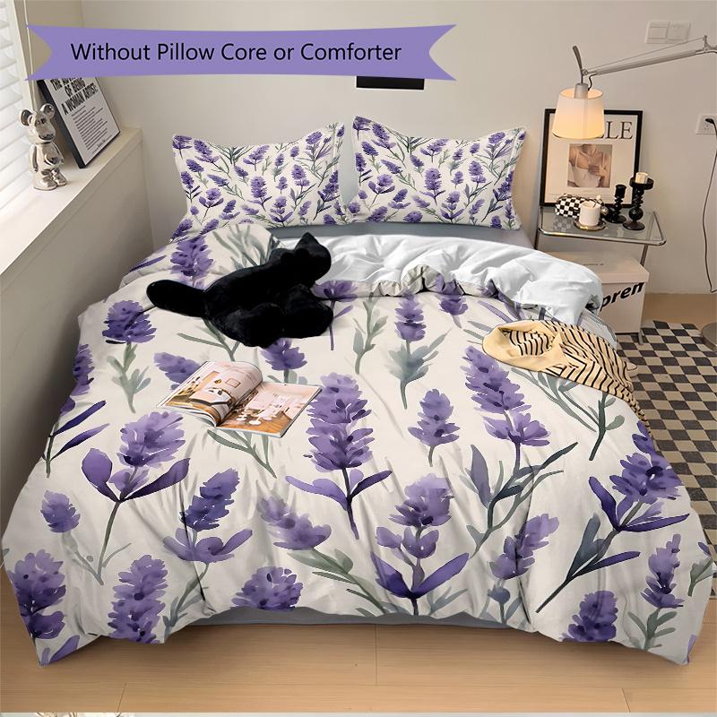 3pcs Lavender Flowers Quilt Set Cartoon Themed Bed Quilt Set Lovely Character Bedroom Decor Bed Quilt Set Four Seasons (1 Cover + 2Pillowcase NO
