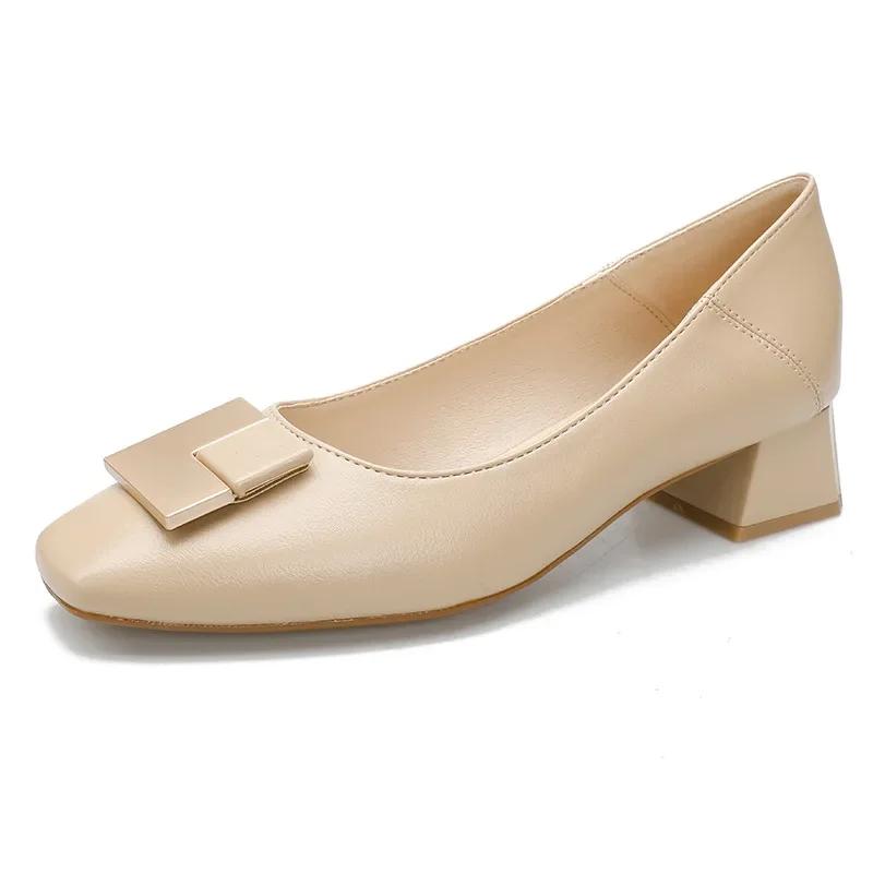 Fashion Medium Heel Single Shoes Women's Thick Heel Temperament Spring 2025 New Shallow French Soft Leather Square Head Shoes