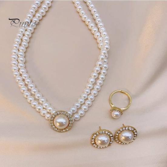 

1 компл. ожерелье невесты во французском стиле винтажный темперамент двухслойный элегантный подарок гипоаллергенный глянцевый серьги из искусственного жемчуга кольцо свадебные украшения