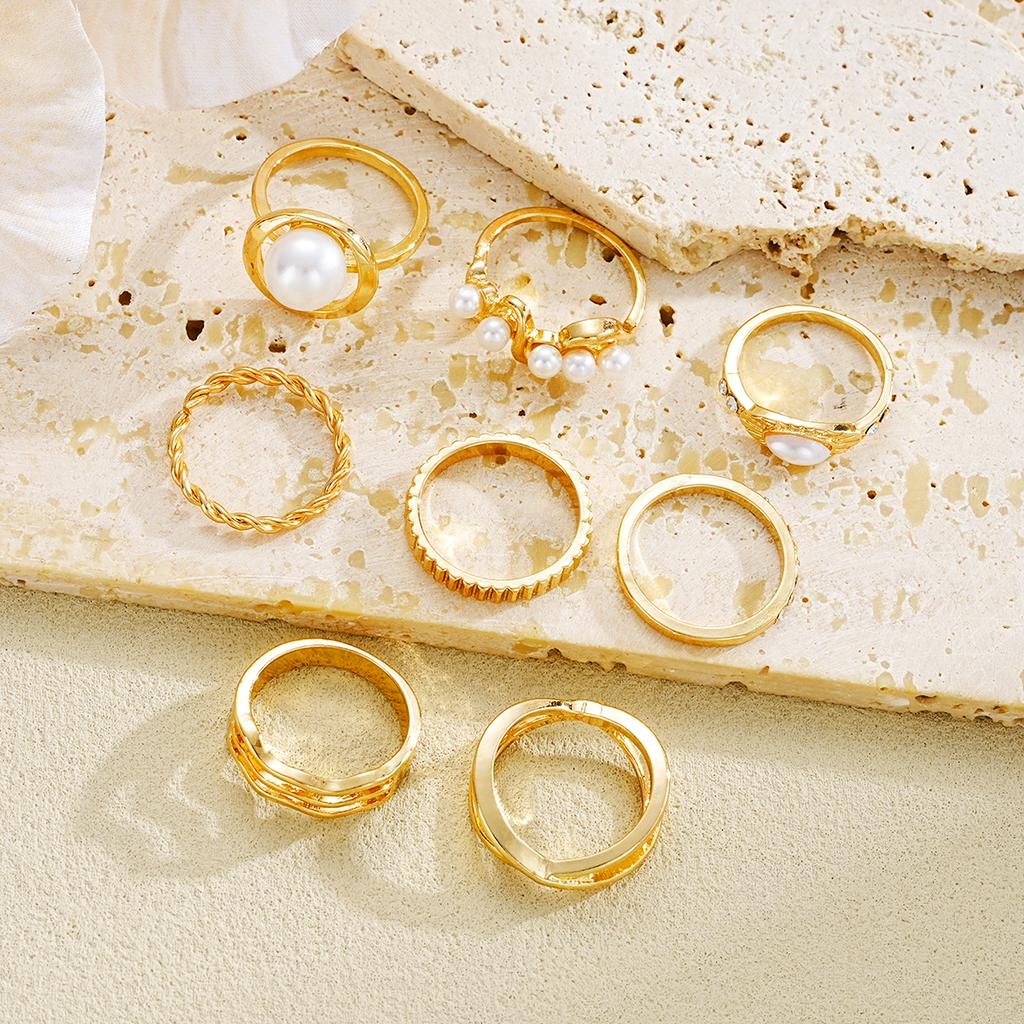 8Pcs/Set Gold Color Imitation Pearl Crystal Rings for Women Geometric Wave Cross Twisted Finger Ring Fashion Jewelry Accessories