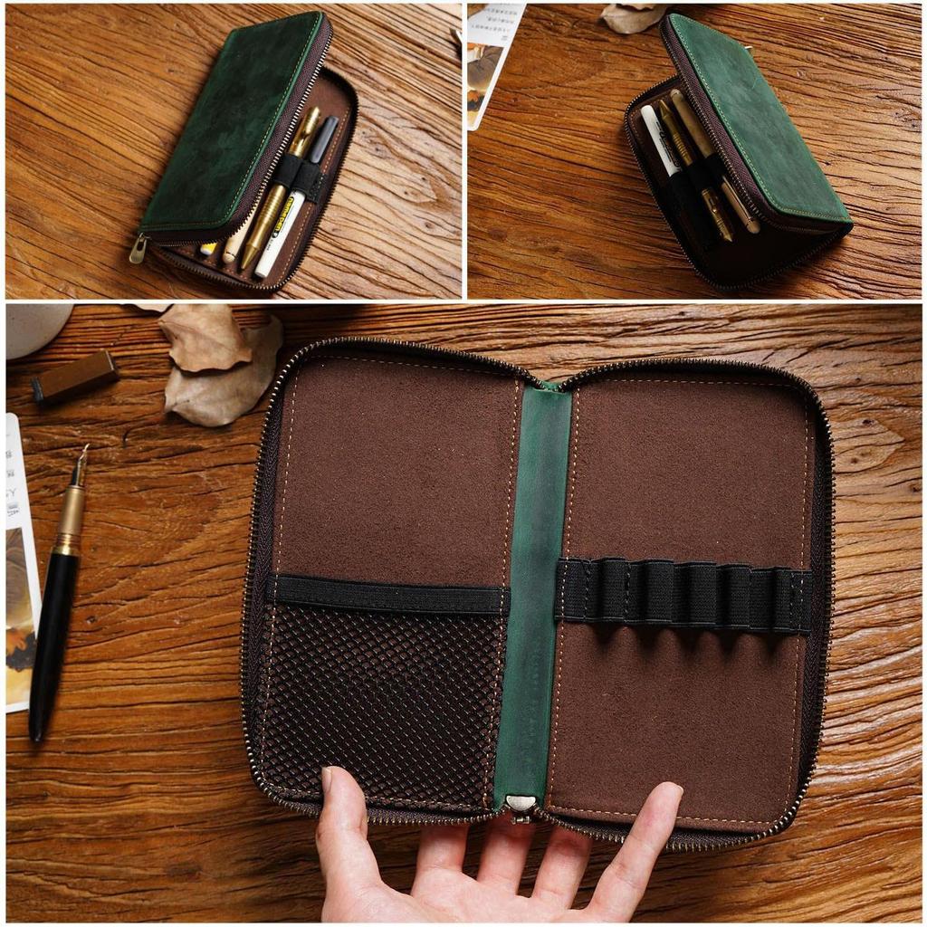HIMHERCOM Pencil Zipper Pencil Case with Fixed Small Item Large Fountain Pen Retro Fountain Pen Genuine Pencil High School Pen Unisex Case, Leather,