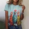 Summer Fashion Round Neck Short Sleeved Top with Cute Chicken Pattern Printed Women’s T-shirts