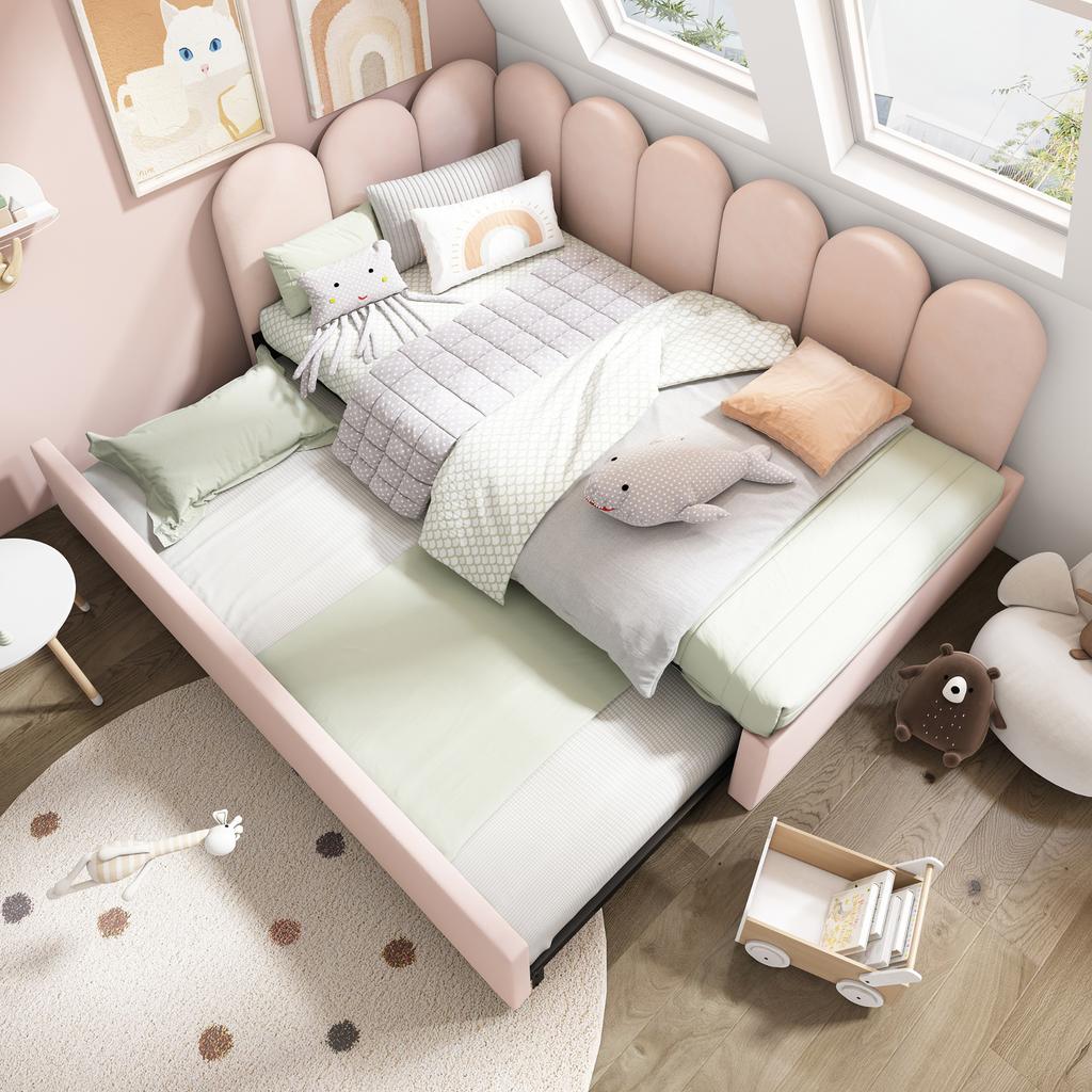 Divano letto imbottito 90x200cm, Divano letto con letto estraibile 90x190cm, Letto per bambini con rete a doghe, Velluto, Rosa, senza materasso