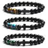Fashion Religion Cross Men Women 8mm Natural Stone Tiger Eye & Black Matte Agates Bead Bracelet Elastic Bracelet Bangle Jewelry