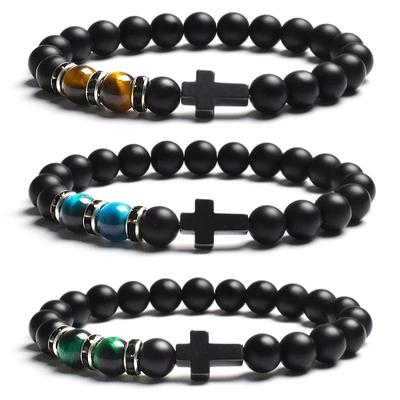 Mode Religion Kreuz Männer Frauen 8mm Naturstein Tigerauge & Schwarze Matte Achate Perlenarmband Elastisches Armband Armreif Schmuck